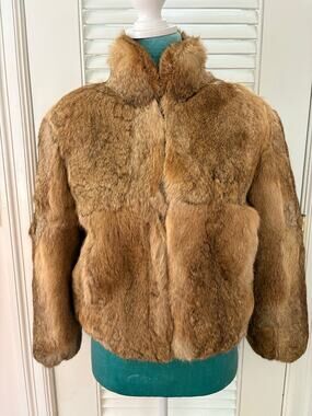 Mob Wife Vintage Genuine Rabbit Fur Coat Cropped Brown Neutral Winter Bomber XS